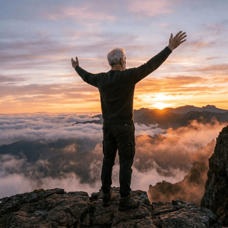 Man standing on rocky mountain summit with arms outstretched at sunset