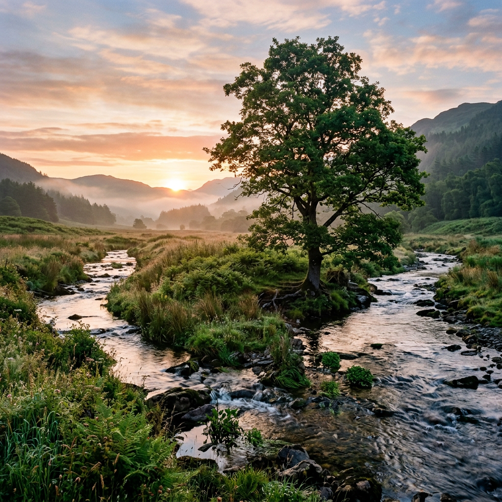 River splitting around a single tree at sunrise in a green valley
