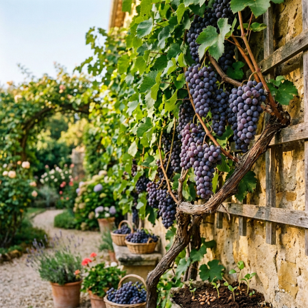 Ripe purple grapes growing on vines beside a garden path