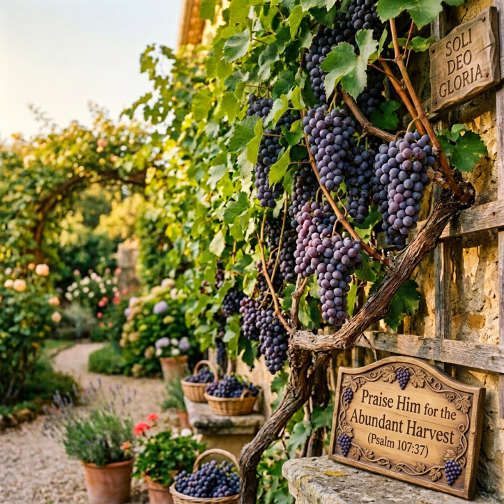 Ripe purple grapes growing on vines beside a garden path